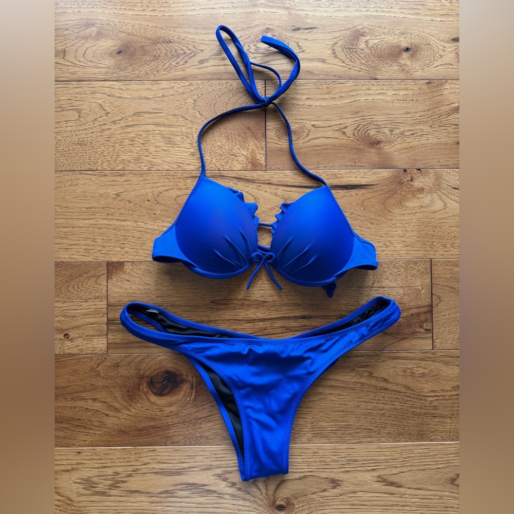Victoria’s Secret 34A Halter String Bikini Set Royal Blue Bottom Size M